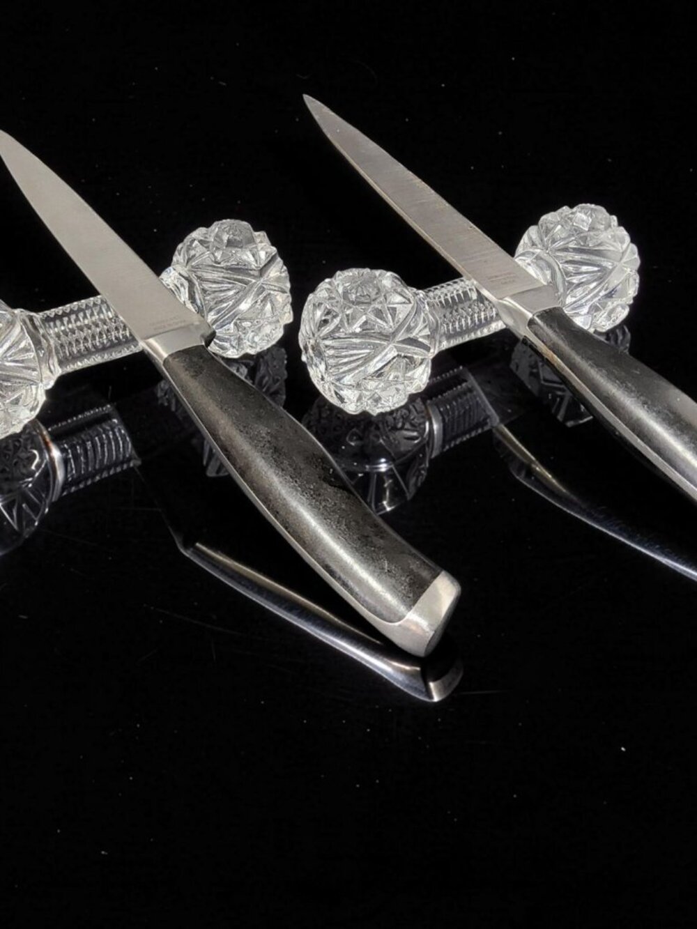 vintage pair of gorham cut lead chrystal barbell knife rest